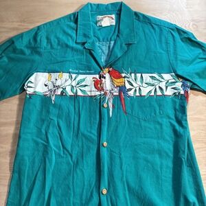 Paradise Found Shirt Mens Green Tropical Hawaiian Macaw Size Large USA Vtg
